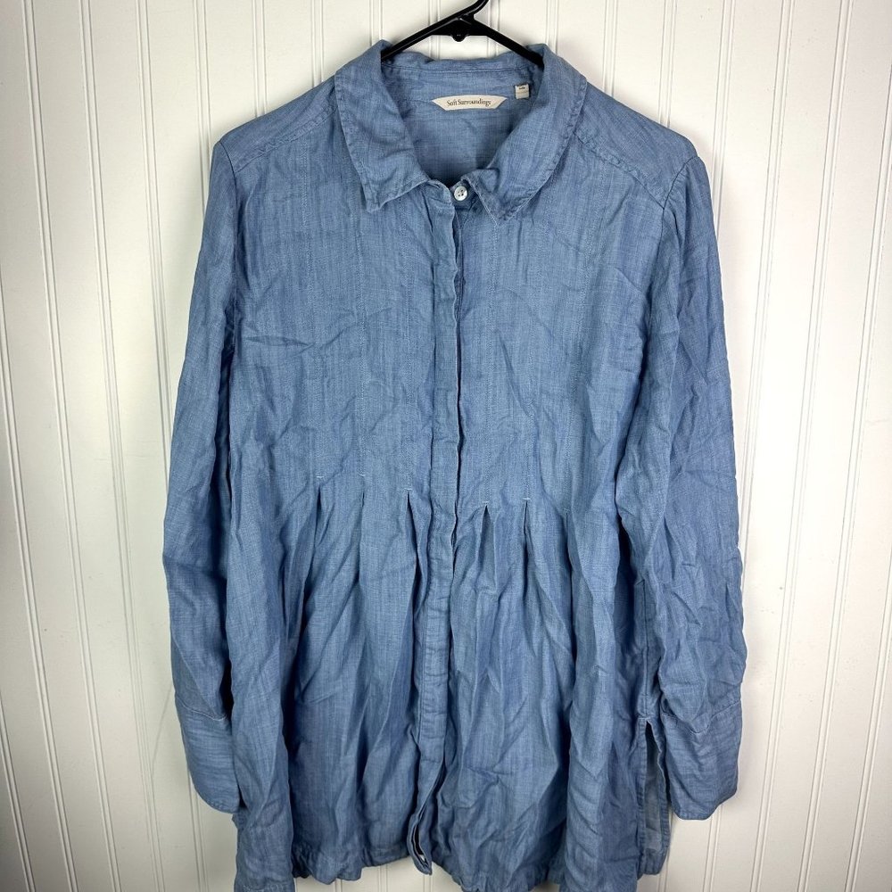 Soft Surroundings Blue Denim Pleated Button down Top Size‎ XL